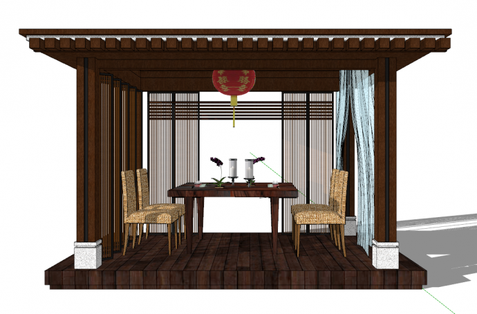 带大方桌子和高大实木封顶的现代亭 su模型_图1