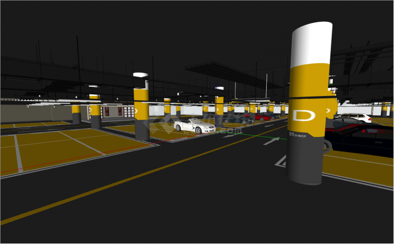 灰色路面用黄色面积标记车辆停放位置的室内停车场su模型-图二