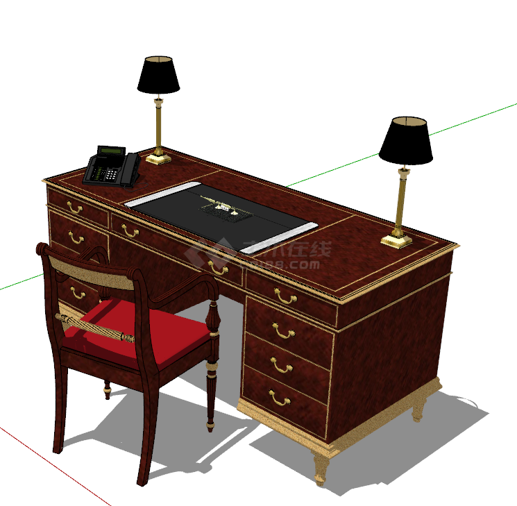 美式复古木质书桌su模型-图一