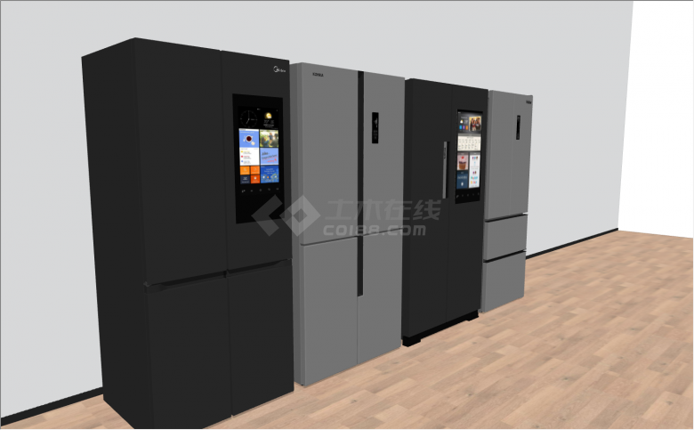 靠墙排列4个双开门冰箱有黑色灰色2中颜色和是否带显示屏功能选择su模型-图二