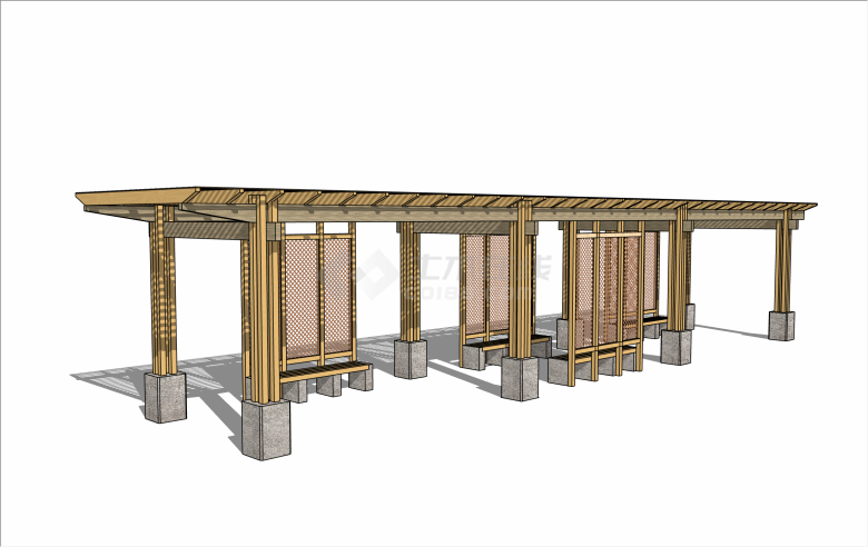 木制可坐新中式廊架SU模型-图二