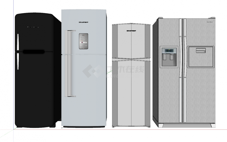 四台款式不同的单门双门的冰箱su模型-图一