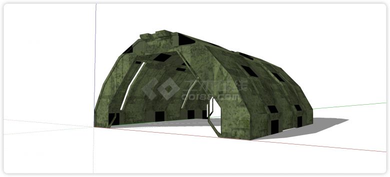 军绿色两边开口露营帐篷su模型-图二