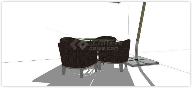 咖色藤编沙发绿色软垫室外桌椅su模型-图二