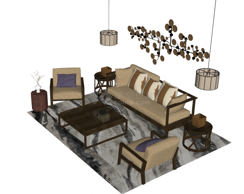 带圆形吊灯和圆形茶几的沙发su模型-图二