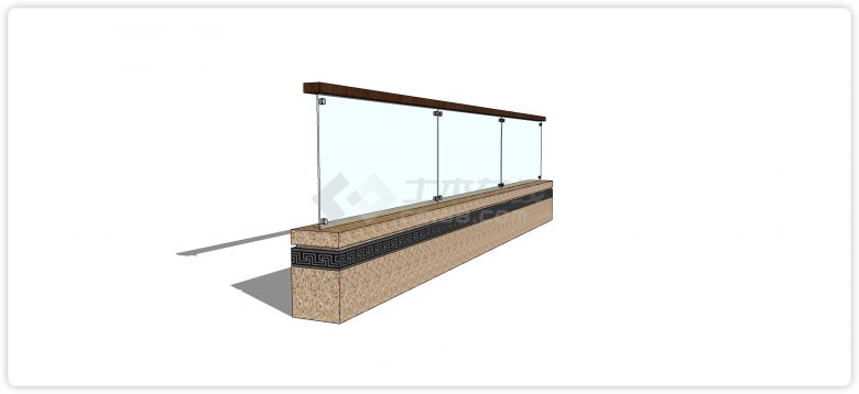 大理石三分之一挡水条无边框玻璃栏杆su模型-图二