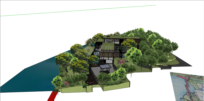 依山傍水的绿树环绕的滨水民宿su模型-图二