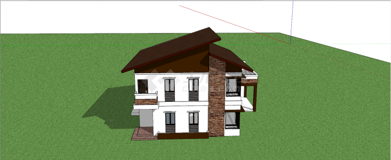 现代两层双坡顶混搭色墙体带阳台民宿su模型-图二