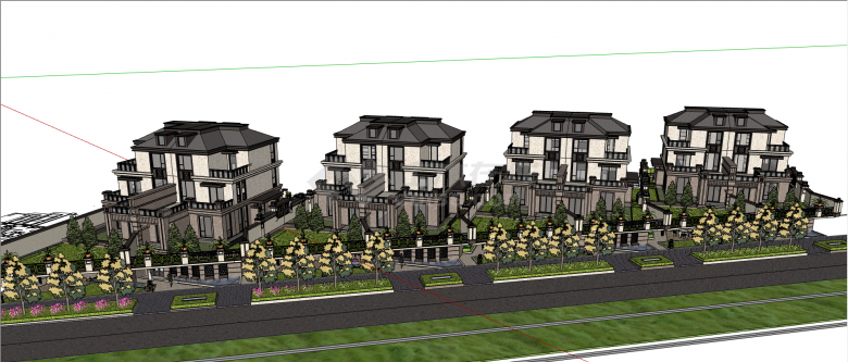 灰白双拼联排别墅su模型-图二