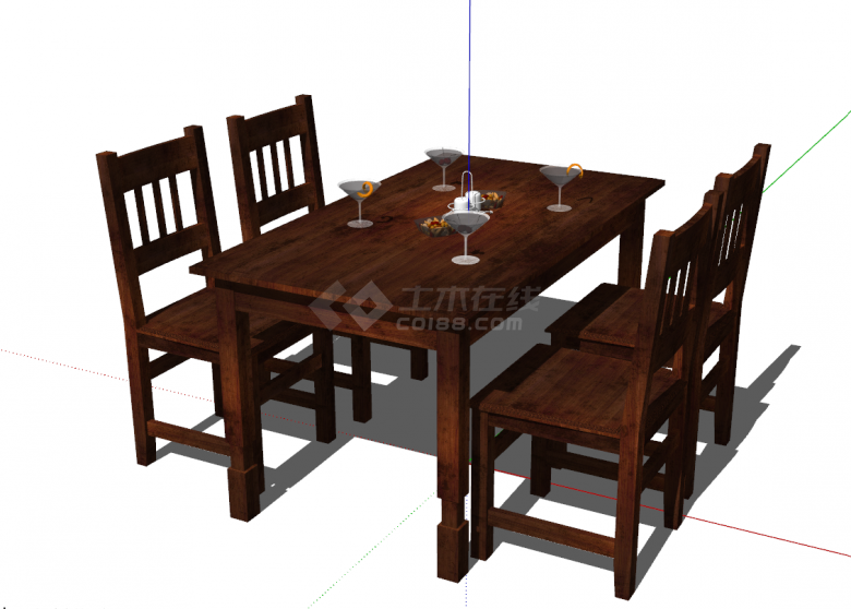 新中式长条四人餐桌组合su模型-图一