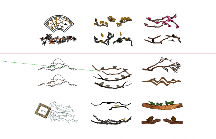 各种树枝组合新中式墙饰组合su模型_图1