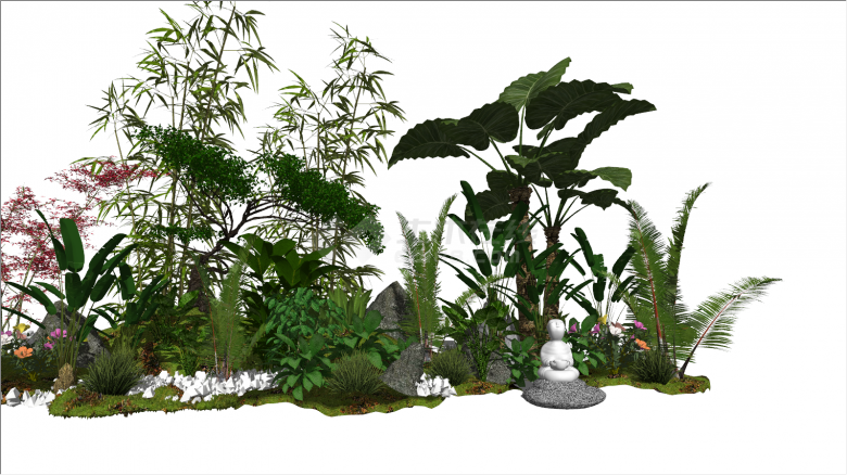 新中式灌木丛带雕塑su模型-图二