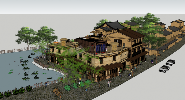 棕色的墙身旁边有河流的村庄改造民宿su模型-图二