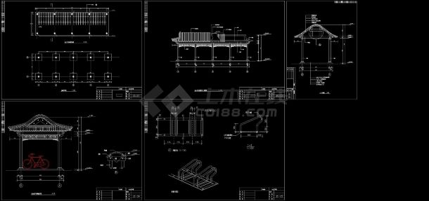 某仿古自行车棚CAD施工详图-图一