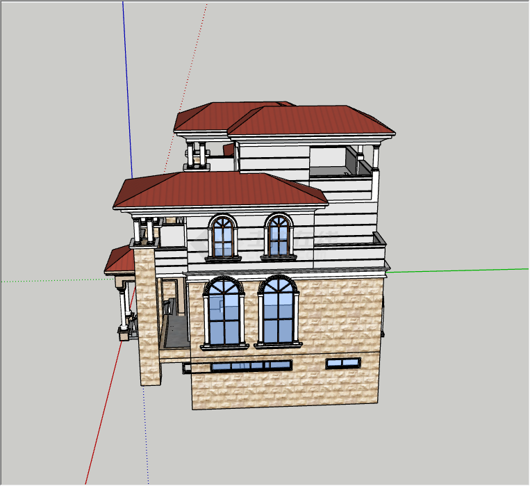 红色的房顶楼顶带露台的别墅su模型-图一
