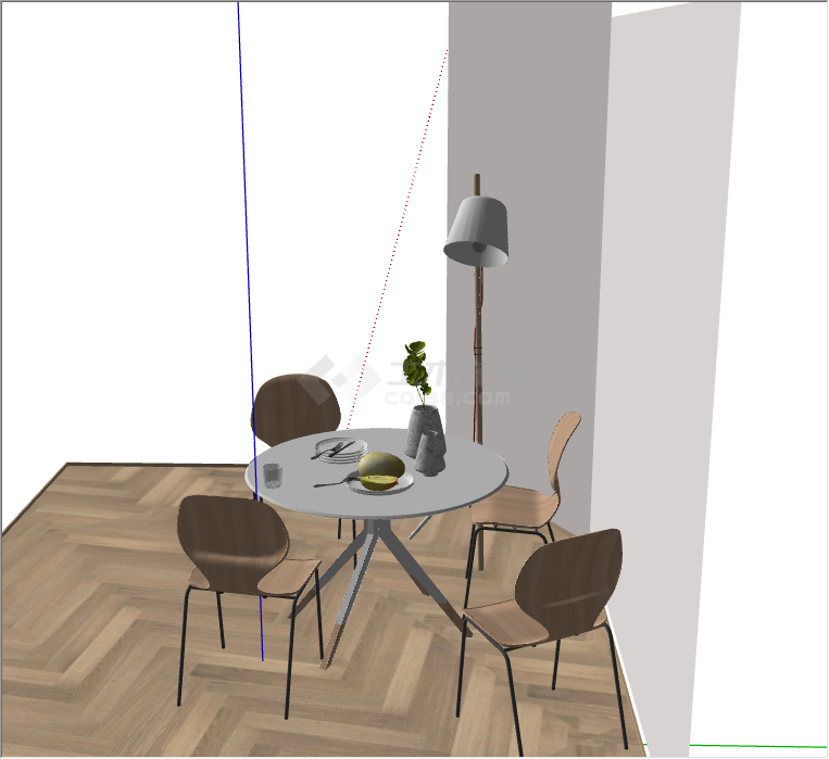 桌上摆放着花盆的旁边带立式台灯的现代餐厅家具su模型-图二