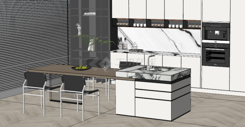 餐桌和水池一体的带白色装修的吧台su模型-图二