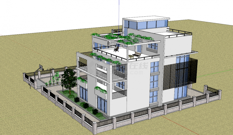 带有独立小院车库和大阳台的豪华别墅su模型-图二