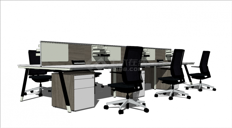 六人位座椅办公室家具组合su模型-图二