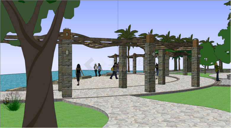 有椰子树和大海的广场公园su模型-图一