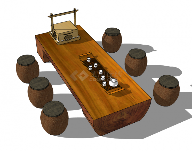 方形木制复古根雕茶桌茶台 su模型-图二