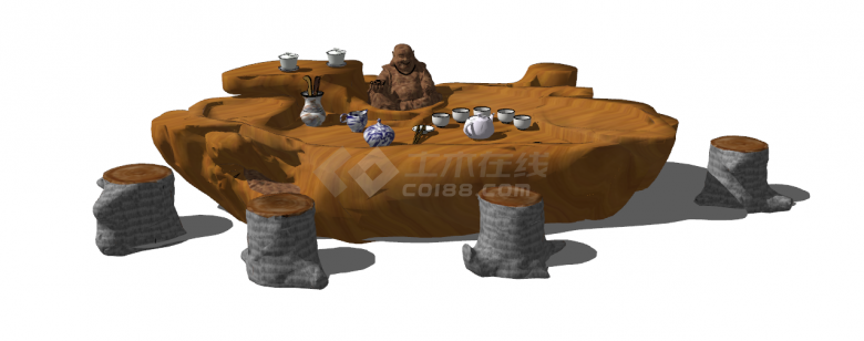 深棕色精雕刻的根雕茶桌茶台su模型-图一