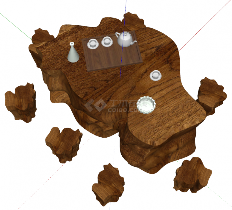 深色不规则的实木雕刻带白色茶具的根雕茶桌茶台su模型-图二