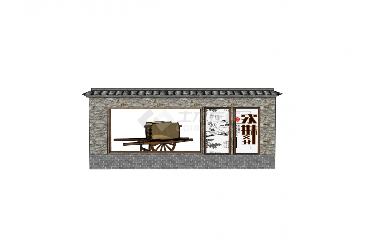 中式推车装饰石砌农耕文化景墙su模型-图一