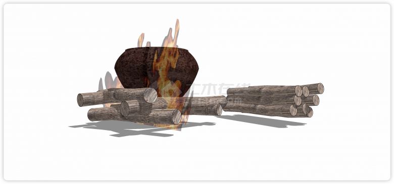 白色火堆煮茶杉木桩su模型-图二