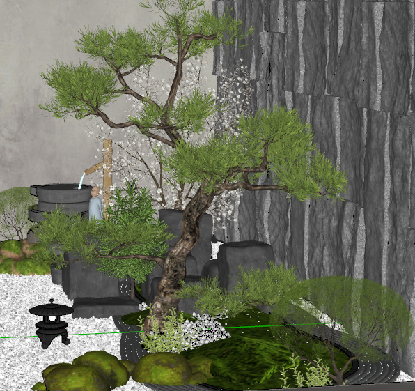新中式室内景石松树景观su模型_图1