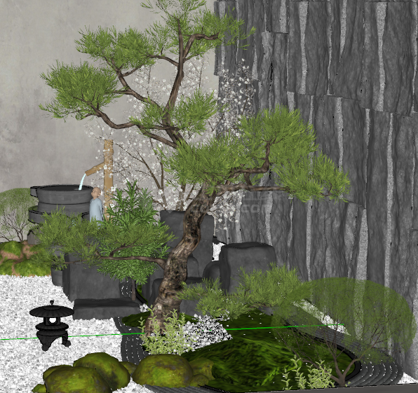 新中式室内景石松树景观su模型-图一
