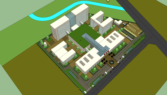 人民医院喷泉绿树景观su模型_图1
