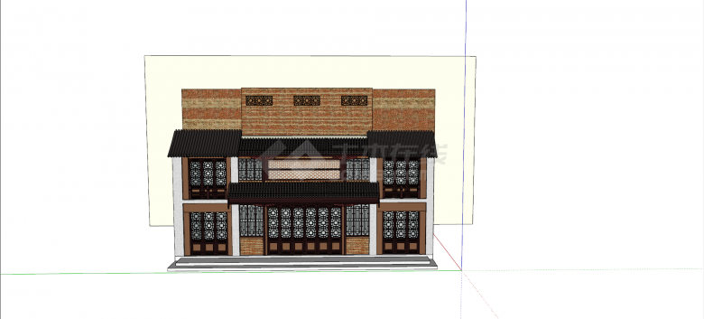 中式复古两层浅黄色墙体住宅su模型-图二