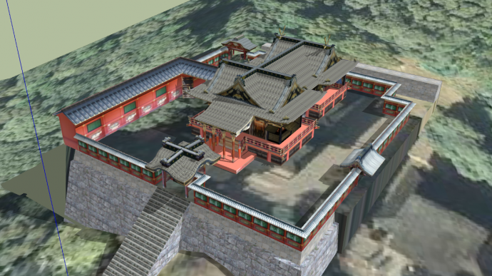 日本古建筑红色围墙su模型_图1