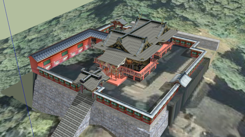日本古建筑红色围墙su模型-图一