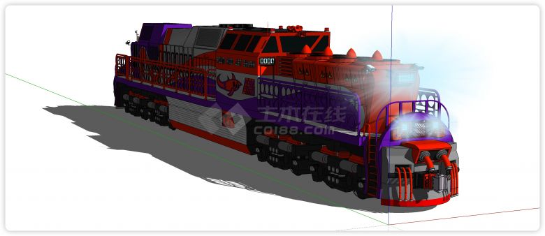 红色紫色配色车厢火车头su模型-图二