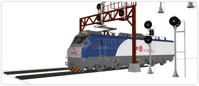 火车轨道蓝色车厢工业风设计su模型-图二