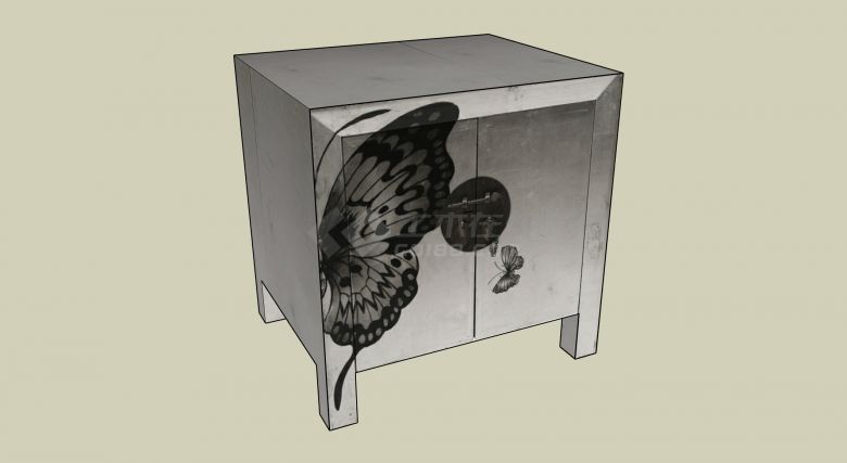 蝴蝶花纹实木矮柜金属柜锁中式家具su模型-图二