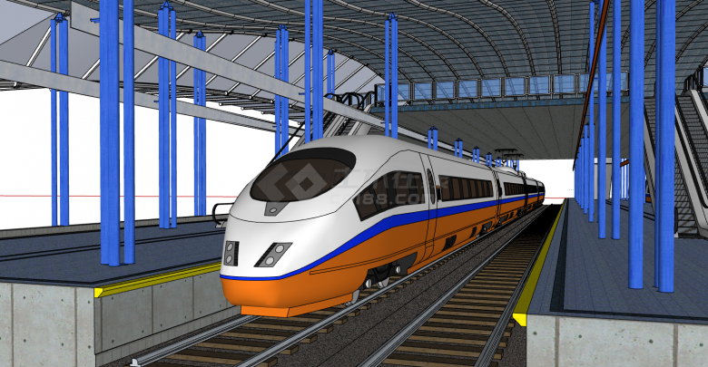 火车白蓝橙拼色外观su模型-图一