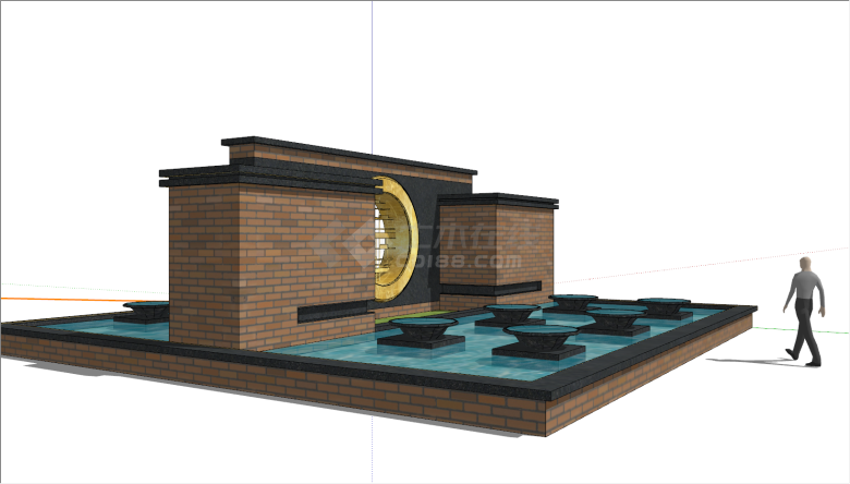 带水池金色装饰景墙su模型-图一