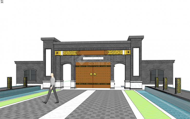 青砖结构两拱形侧门中间黄色气派大门su模型-图一