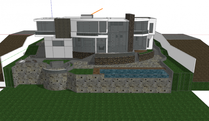 双层带大落地玻璃和游泳池的别墅庭院su模型 _图1