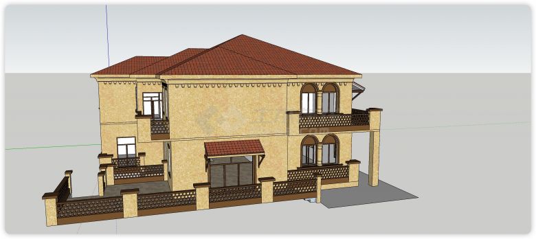 橙色屋顶黄色主体西班牙风格别墅su模型-图一
