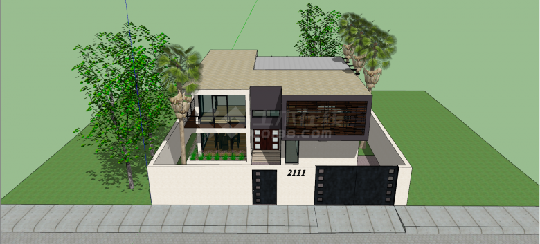 驼色花纹平顶两层别墅庭院su模型-图二