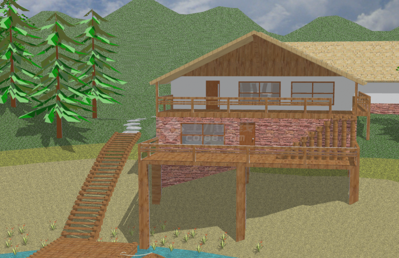建在海边的单层的别墅庭院su模型-图二