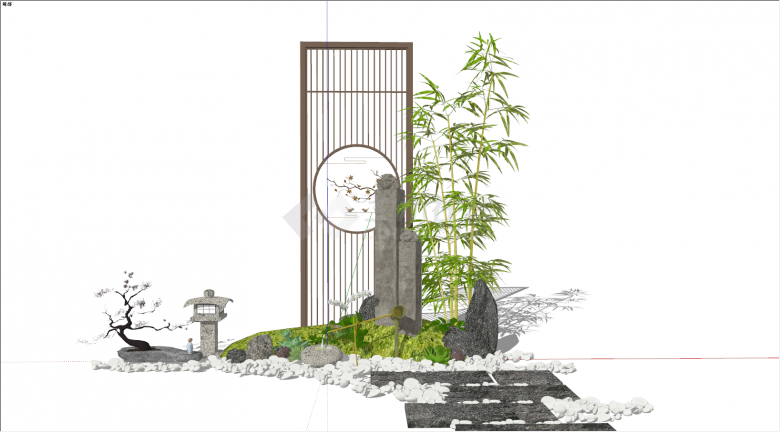 带有竹子鹅卵石和竖条纹镂空屏风的新中式景观 su模型-图二