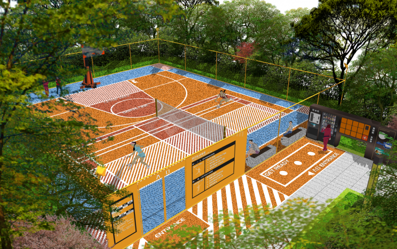 半场篮球场及网球场户外风格篮球馆su模型-图一