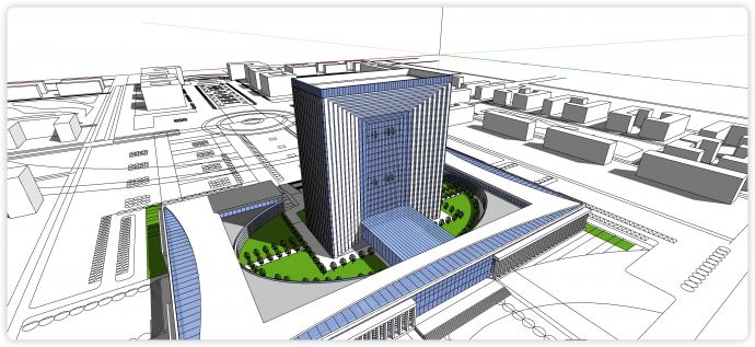白色钢结构蓝色玻璃办公楼su模型_图1