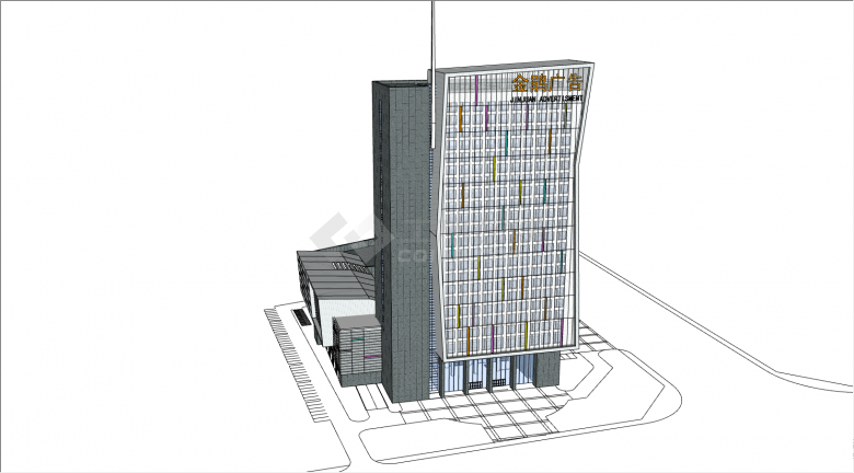 一栋高层的带有商业街的建筑su模型-图二