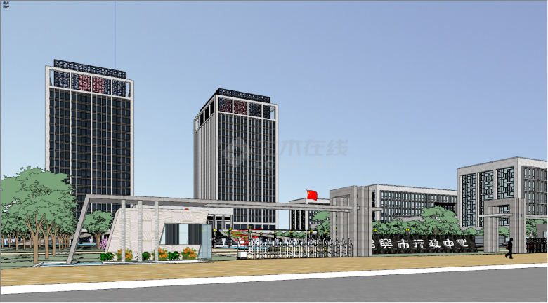 高层双栋带园林绿化的绍兴市行政中心方案设计su模型-图二